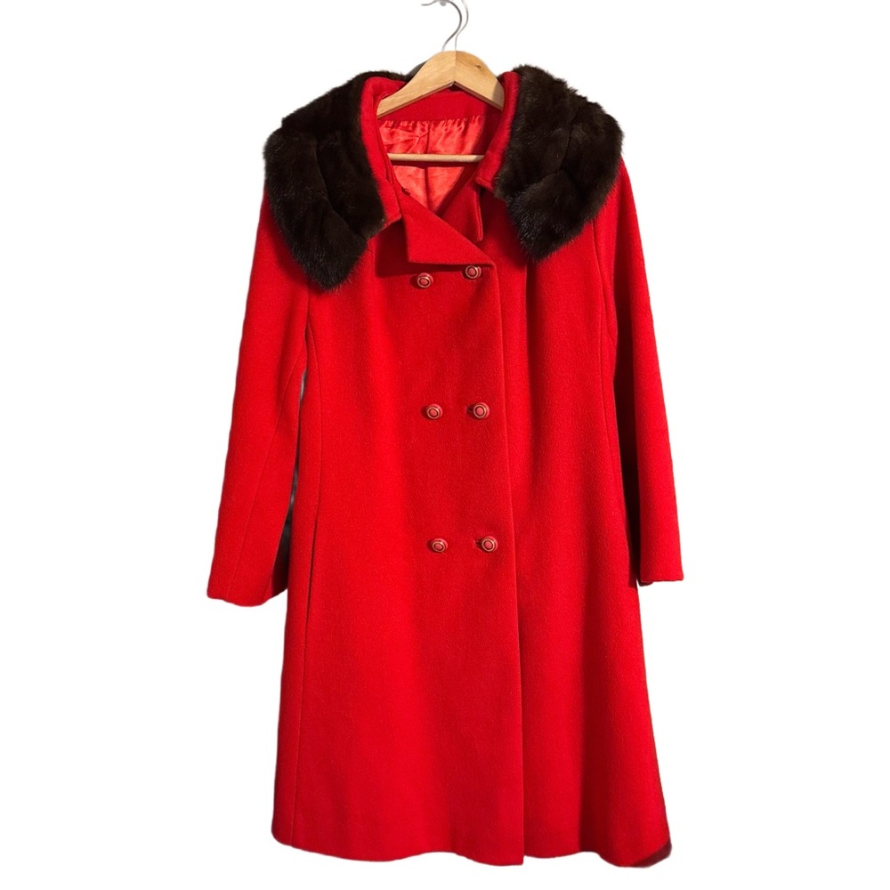 Rare Vintage 1950s–60s Printzess  Red Wool Double Breasted Mink Fur Collar L/XL